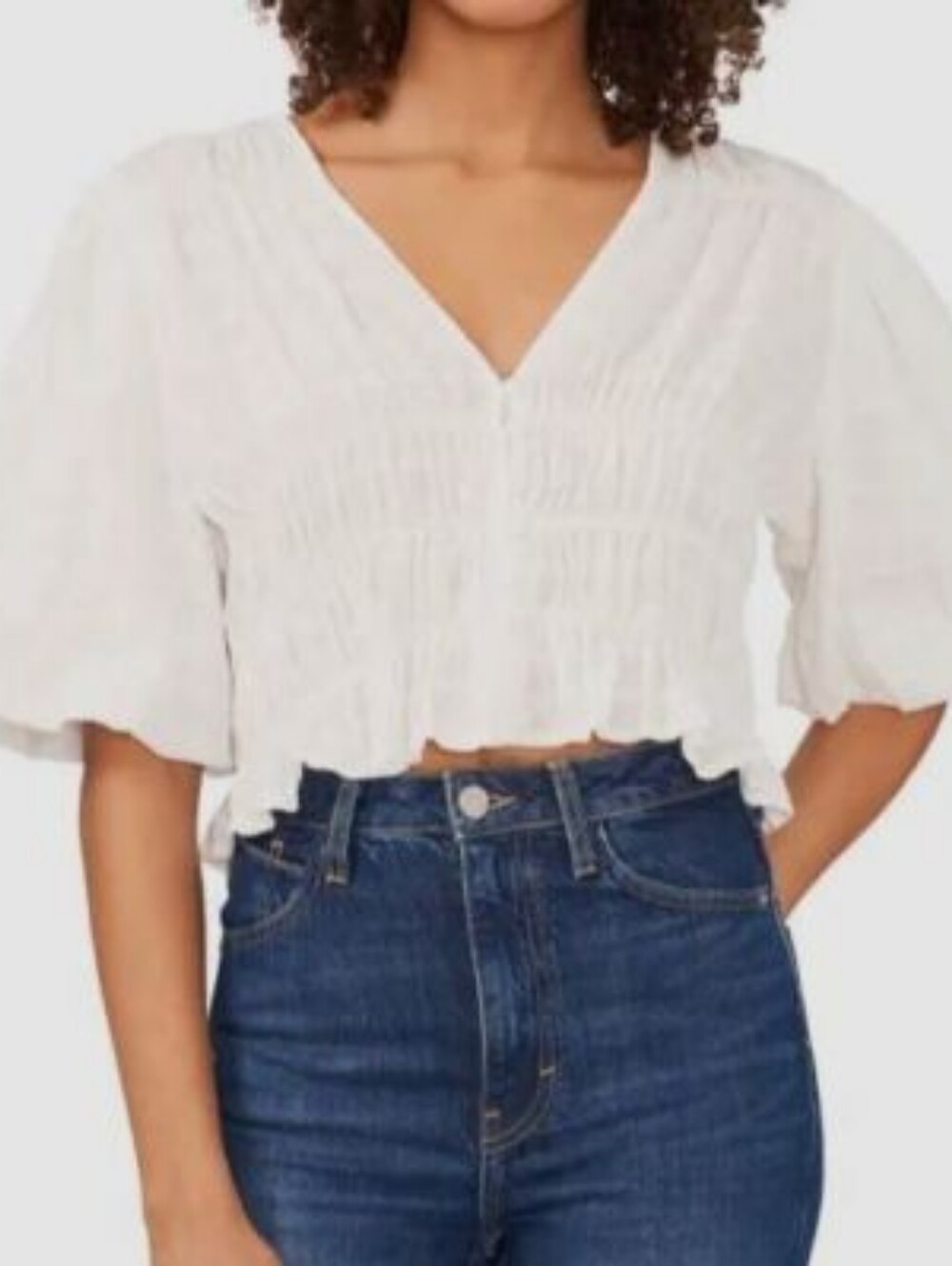 Timing Cream V-Neck Cropped Smocked Waist Blouse